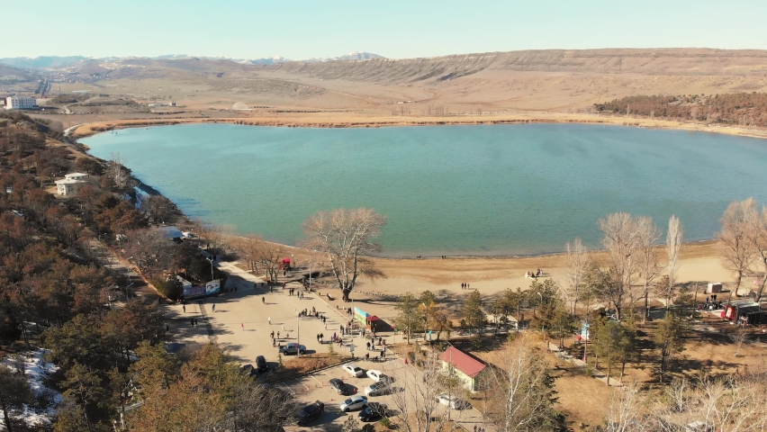 Aerial view Tbilisi Lisi lake in sunny day with local people enjoy weekend.Tbilisi famous attractions, Georgia