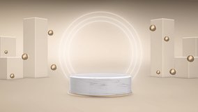 3d render Podium made of marble with a gold frame and neon rings, against a background of boxes and flying golden balls - Powered by Shutterstock - Get 15% off with code: PIKWIZARD15