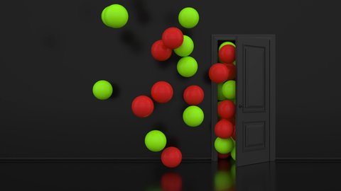 Red and green balls fly through the open door. Balloons fly out of the open door into a large room. Dark black room. Abstract colorful background with air balloon. 3d animation of 4K
