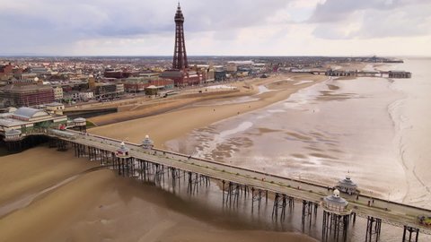 Aerial view of Blackpool Promenade in the central area of Blackpool.