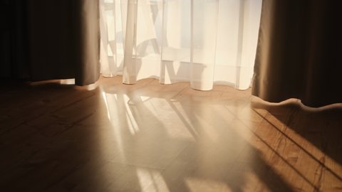 Transparent white curtain tulle moves shadows from the wind from an open window in dark room. Sunny day, the sun's rays sunlight penetrate the room.