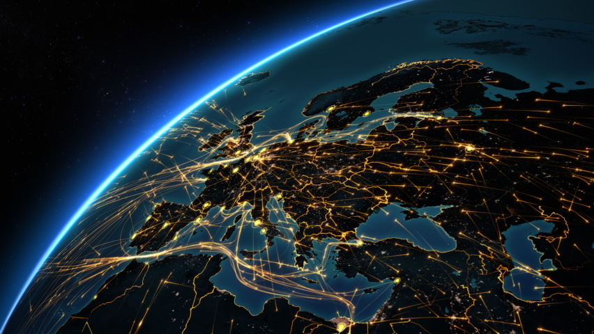 Bright connections forming a network from Europe to United States. This video can be used to represent concepts like technology, social networks, communication, air and sea transportation. | Shutterstock HD Video #1068251624