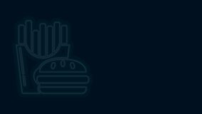 Glowing neon line Burger and french fries in carton package box icon isolated on black background. Hamburger, cheeseburger sandwich. Fast food menu. 4K Video motion graphic animation.