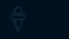 Glowing neon line Ice cream in waffle cone icon isolated on black background. Sweet symbol. 4K Video motion graphic animation.
