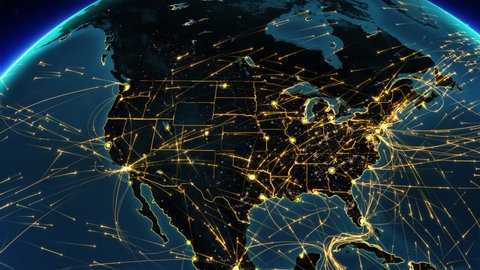 Animation of United States map with bright connections and city lights. Yellow lines representing aerial, maritime, ground routes, state and country borders.