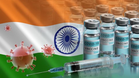 India to launch COVID-19 vaccination campaign. Coronavirus vaccine vials, Covid 19 cell and flag of India. Fighting the epidemic. Research and creation of a vaccine.  