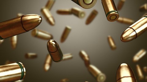 Lots of Bullets falling Down with Luma Matte. War Concept. Professional Cinematic Slow Motion 4K 3d animation. Glock 3d Model.