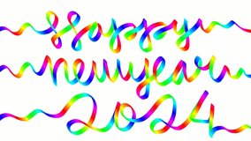 Happy New Year 2024. Colorful rainbow text With calligraphy style on white 4K Loop Background. Rainbow text, 3D handwriting, greeting card.