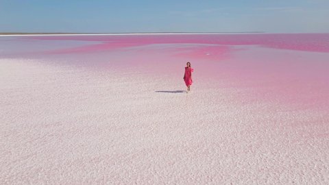 cinematic circle aerial drone view of colorful pink lake with wide white salt coast paradise landscape. Girl in blowing pink dress walks on amazing coastline Ukraine Sivash lake. clip has noise: stockvideo