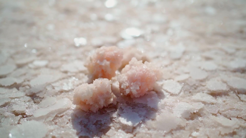 Top view Pink salt cristals natural mineral formation at Pink Salt Flats lake Sivash. Concept beauty nature and organic