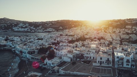 Aerial View of Mykonos, Magical sun rays over island, Cyclades, Greece