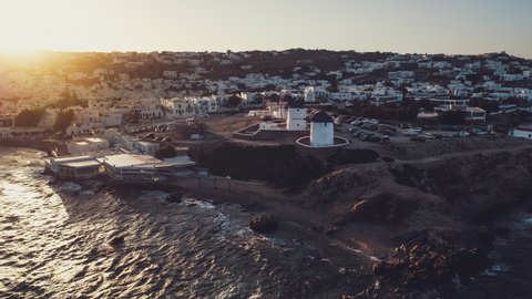 Aerial View of Mykonos, Mykonos Mills in the morning, Cyclades, Greece