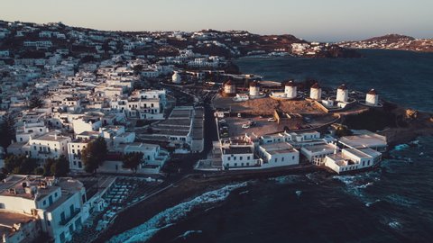 Aerial View of Mykonos, island in the morning, Cyclades, Greece