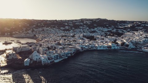 Aerial View of Mykonos, port of Mykonos and waking up town, Cyclades, Greece