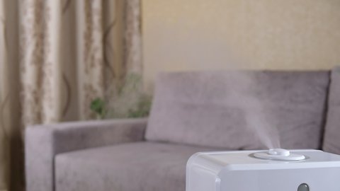 Ultrasonic humidifier in the house. Steam from white air moistener distributing fume in the room, normal relative humidity