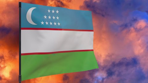 Uzbekistan waving flag seamless loop 3d animation 4k . Uzbekistan flag on pole with sky background