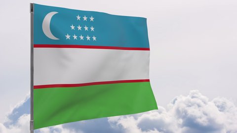 Uzbekistan waving flag seamless loop 3d animation 4k . Uzbekistan flag on pole with sky background