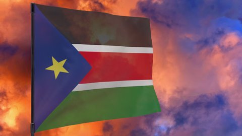 South Sudan waving flag seamless loop 3d animation 4k . South Sudan flag on pole with sky background