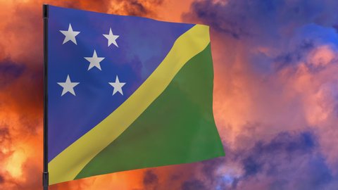 Solomon Islands waving flag seamless loop 3d animation 4k . Solomon Islands flag on pole with sky background