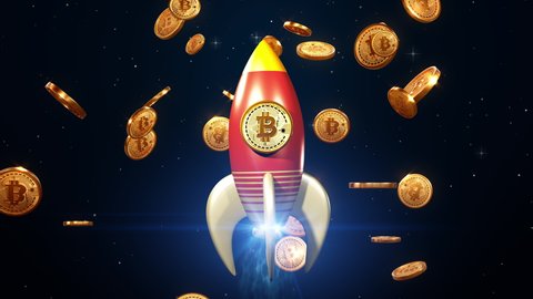 BTC Bitcoin rocket up trand , cryptocurrency concept. hit new high record concept high at rising up arrows from Bitcoin. Gold bitcoin piece appreciation in the form. 3d render