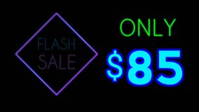 shopping neon sign animation  fluorescent light glowing banner background. Text only $85 sale off, flash sale by neon lights signboard at night. The best stock neon flickering 4k video