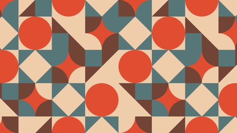 Multicolor shapes in retro geometric pattern. Simple motion graphic seamless loop animation in vintage flat style