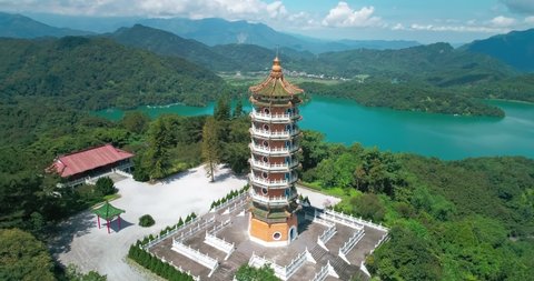 Surrounding shot of Ci En Pagoda at Sun Moon Lake in Nantou, Taiwan