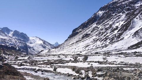 The beautiful mountains covered with ice at Zero Point Yumthang Valley at North Sikkim, India