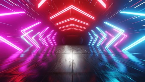 Neon Arrows move in space. Abstract fluorescent background. Hyperspace. Neon background. 4K loop animation.