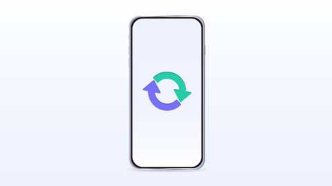 Phone download, updates. Loading icon, arrows. Colorful cartoon phone. Video banner