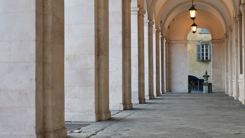 Arcade under historic library Angelo Mai in Bergamo alta, Lombardy, italy