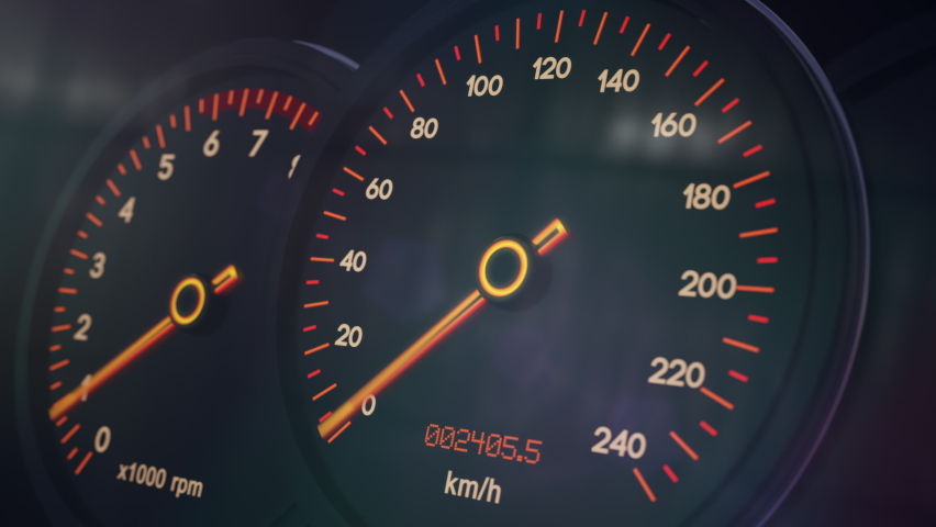 Close-up dashboard in the car at night. Car acceleration to maximum speed.
Speedometer and tachometer acceleration animation.
High-quality Ultra HD, 4K 3840x2160  Royalty-Free Stock Footage #1068314240