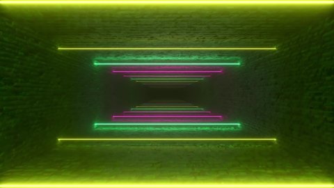 Flying through glowing neon lines creating a brick tunnel, blue red pink violet spectrum, fluorescent ultraviolet light, modern colorful lighting, 4k seamless loop cg animation