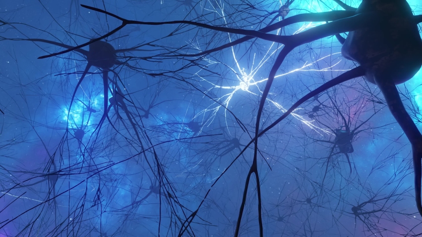 Animation of the activity of neurons and synapses. Neural connections in outer space, radioactivity, neurotransmitters, brain, axons. Electrical impulses transmitting signals. Mind concept. | Shutterstock HD Video #1068315881