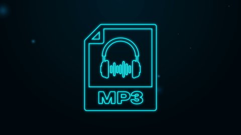 Glowing neon line MP3 file document. Download mp3 button icon isolated on black background. Mp3 music format sign. MP3 file symbol. 4K Video motion graphic animation.
