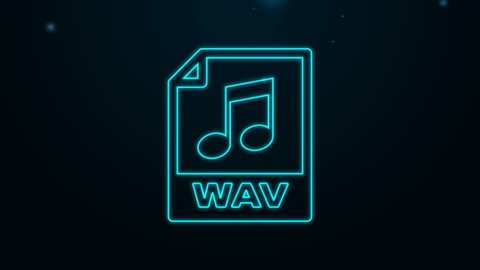 Glowing neon line WAV file document. Download wav button icon isolated on black background. WAV waveform audio file format for digital audio riff files. 4K Video motion graphic animation.
