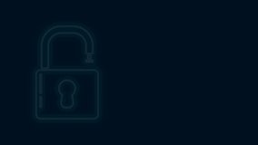 Glowing neon line Open padlock icon isolated on black background. Opened lock sign. Cyber security concept. Digital data protection. Safety safety. 4K Video motion graphic animation.