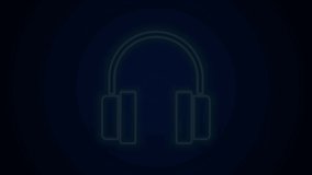 Glowing neon line Headphones icon isolated on black background. Earphones. Concept for listening to music, service, communication and operator. 4K Video motion graphic animation.
