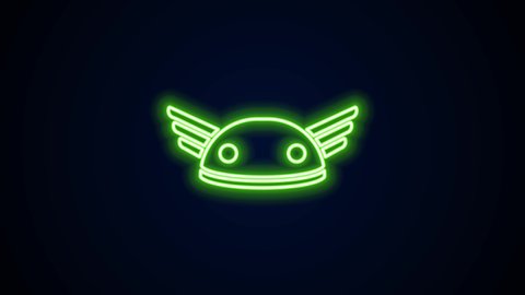 Glowing neon line Helmet with wings icon isolated on black background. Greek god Hermes. 4K Video motion graphic animation.