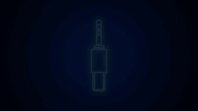 Glowing neon line Audio jack icon isolated on black background. Audio cable for connection sound equipment. Plug wire. Musical instrument. 4K Video motion graphic animation.
