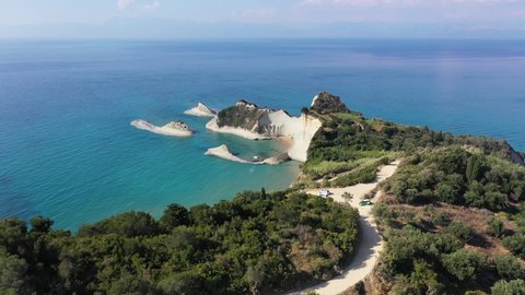 Cape Drastis, Corfu, Greece. Aerial view of peninsula in Corfu featuring small beaches and cliffs.