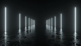 Futuristic sci fi bacgkround. White neon lights glowing in a room with concrete floor with reflections of empty space. Alien, Spaceship, Future, Arch. Progress. 3D animation of seamless loop. - Powered by Shutterstock - Get 15% off with code: PIKWIZARD15