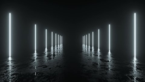 Futuristic sci fi bacgkround. White neon lights glowing in a room with concrete floor with reflections of empty space. Alien, Spaceship, Future, Arch. Progress. 3D animation of seamless loop.