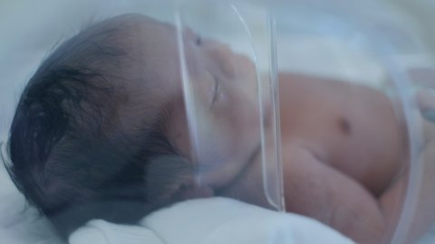 Baby, newborn in infant incubator. Measuring pulse, heartbeat 