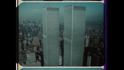 1980s Lower Manhattan, New York, NY. Aerial View of Iconic World Trade Center, WTC or Twin Towers. 4K Overscan of Vintage Archival 16mm Film Print