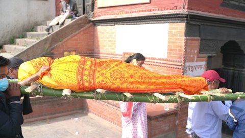 Kathmandu, - Nepal, October 25, 2019: The Burial Ritual cremation ceremony real editorial sound available at Pashupatinath Temple, Kathmandu, Nepal
