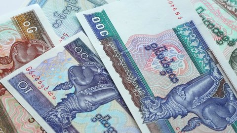 Money from Myanmar, Kyat, Banknotes slowly rotating on their own axis 