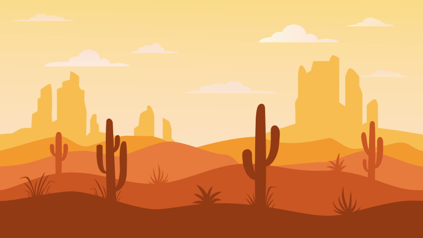Moving landscape with desert and cactus. Looped animation background in flat style. 4k stock footage Royalty-Free Stock Footage #1068336356