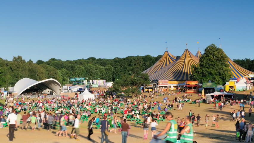 Crowds moving around music festival
