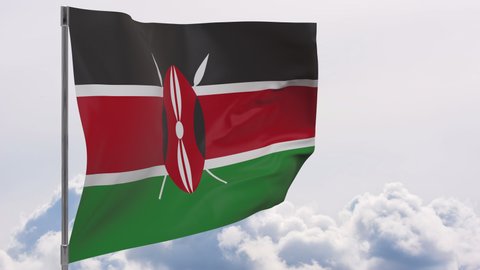 Kenya waving flag seamless loop 3d animation 4k . Kenya flag on pole with sky background